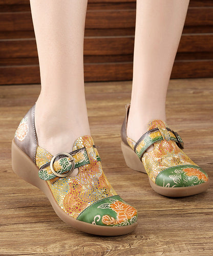 Yellow Buckle Strap Embossed Wedge High Wedge Heels Shoes