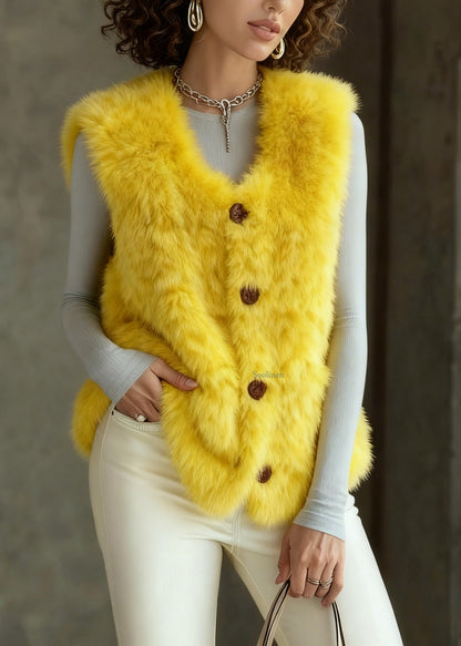 Yellow Button Faux Fur Vest Tops Sleeveless