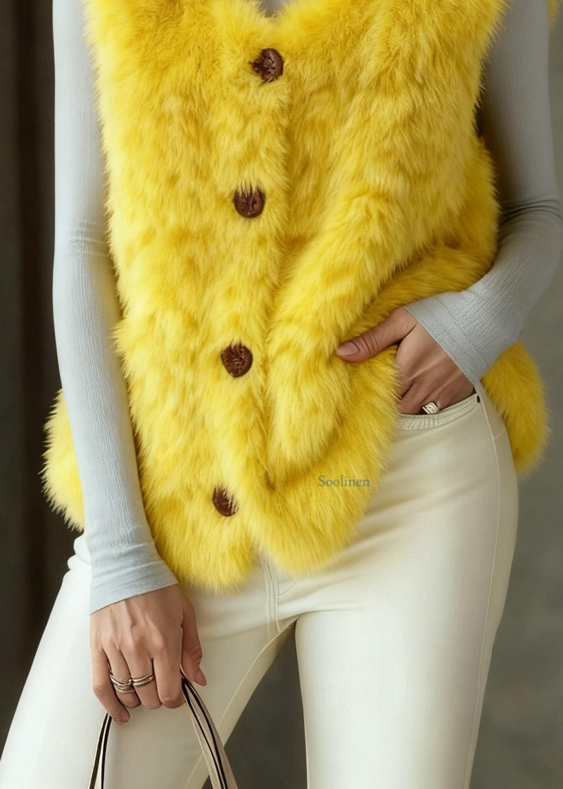 Yellow Button Faux Fur Vest Tops Sleeveless