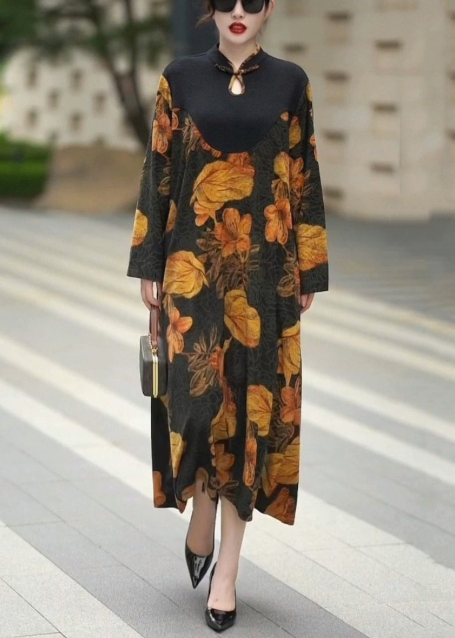 Yellow Button Print Silk Long Dresses Spring