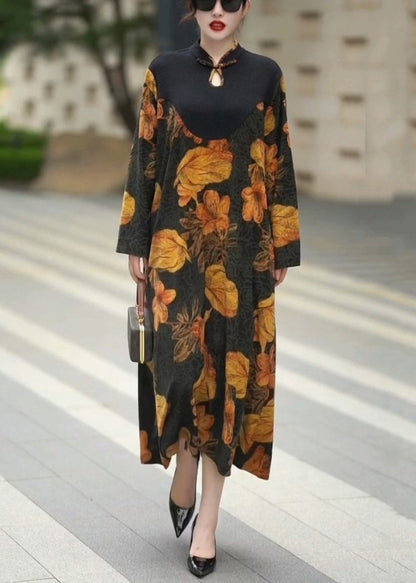 Yellow Button Print Silk Long Dresses Spring