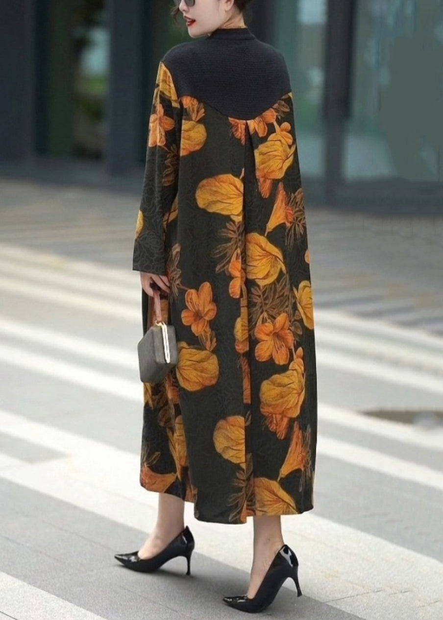 Yellow Button Print Silk Long Dresses Spring