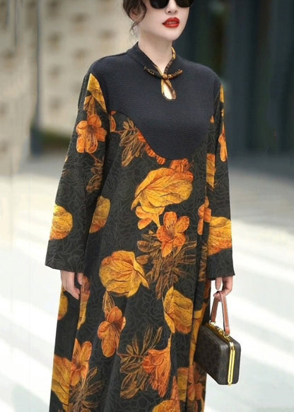 Yellow Button Print Silk Long Dresses Spring