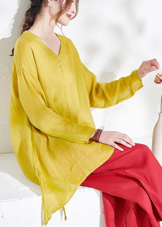 Beautiful Yellow Casual V Neck Asymmetrical Design Summer Ramie Shirt Long sleeve