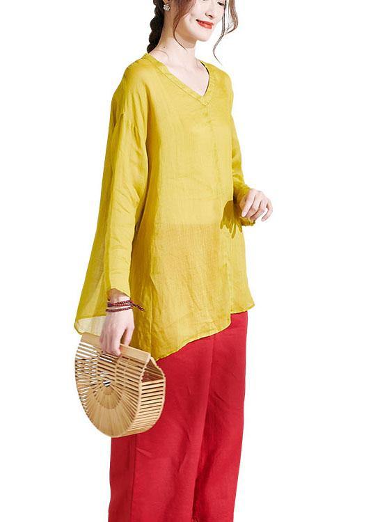 Beautiful Yellow Casual V Neck Asymmetrical Design Summer Ramie Shirt Long sleeve