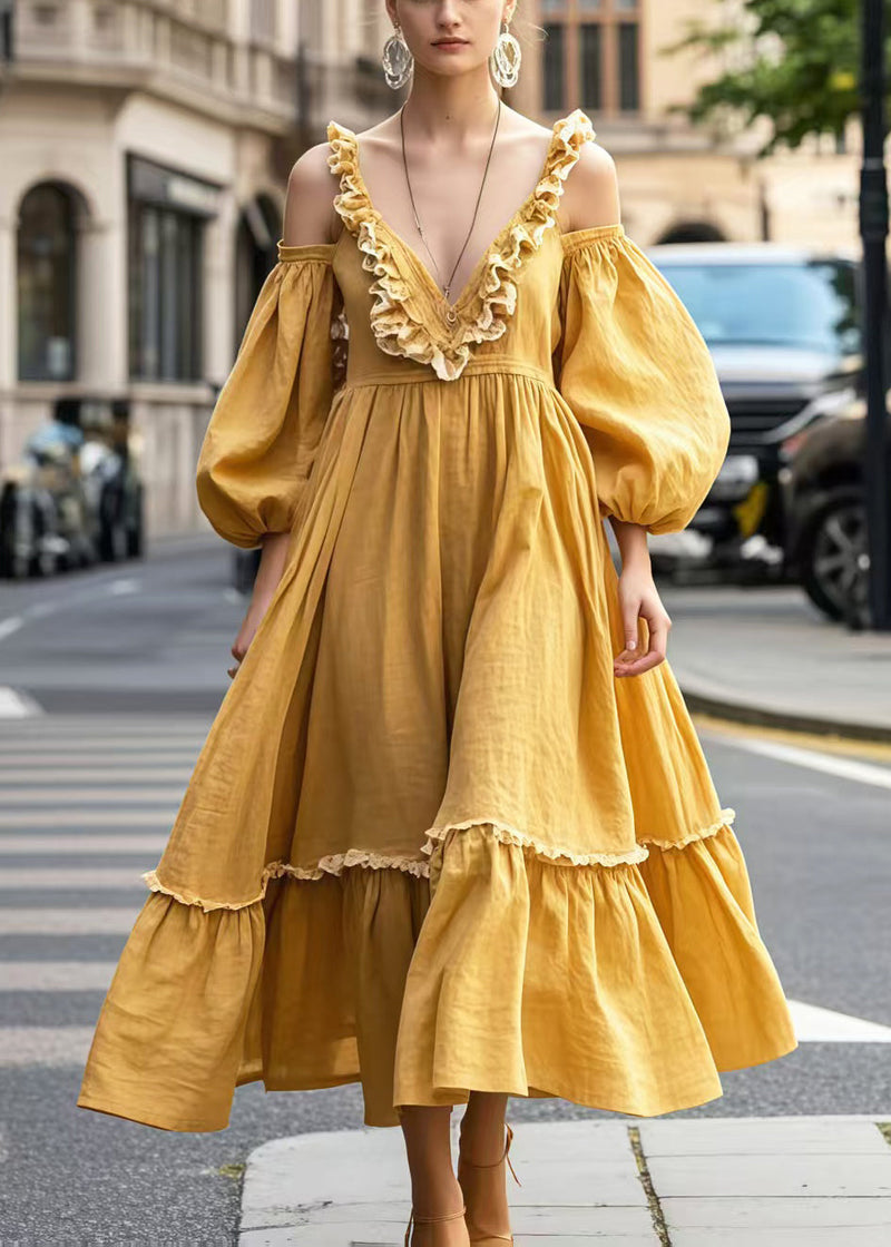 Yellow Cold Shoulder Ruffled Party Dresses Lantern Sleeve