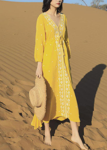 Yellow Embroidered Lace Up Cotton Long Dresses Bracelet Sleeve