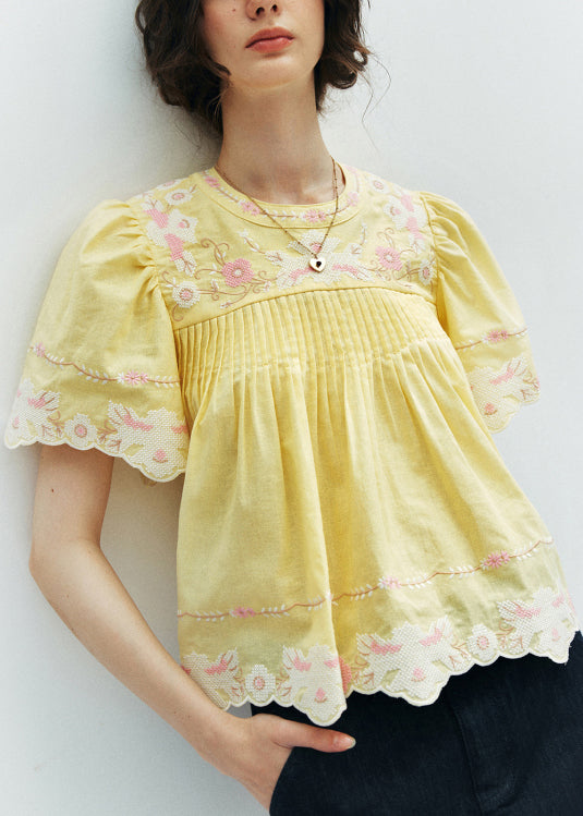 Yellow Print Puff Sleeve Cotton Shirt