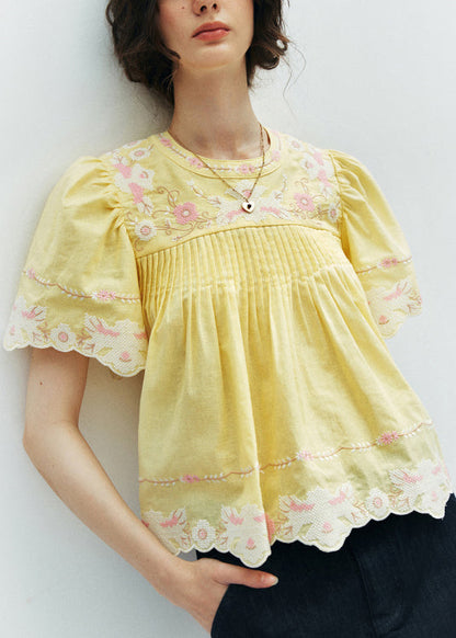 Yellow Print Puff Sleeve Cotton Shirt
