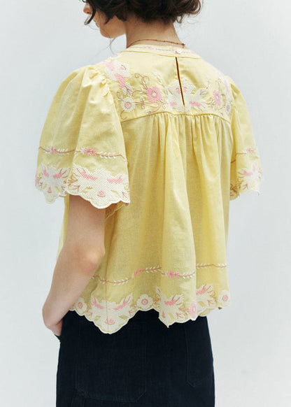 Yellow Print Puff Sleeve Cotton Shirt
