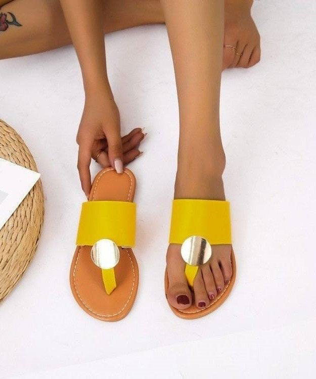 Yellow Faux Leather Flip Flops Sandals Splicing Sequined