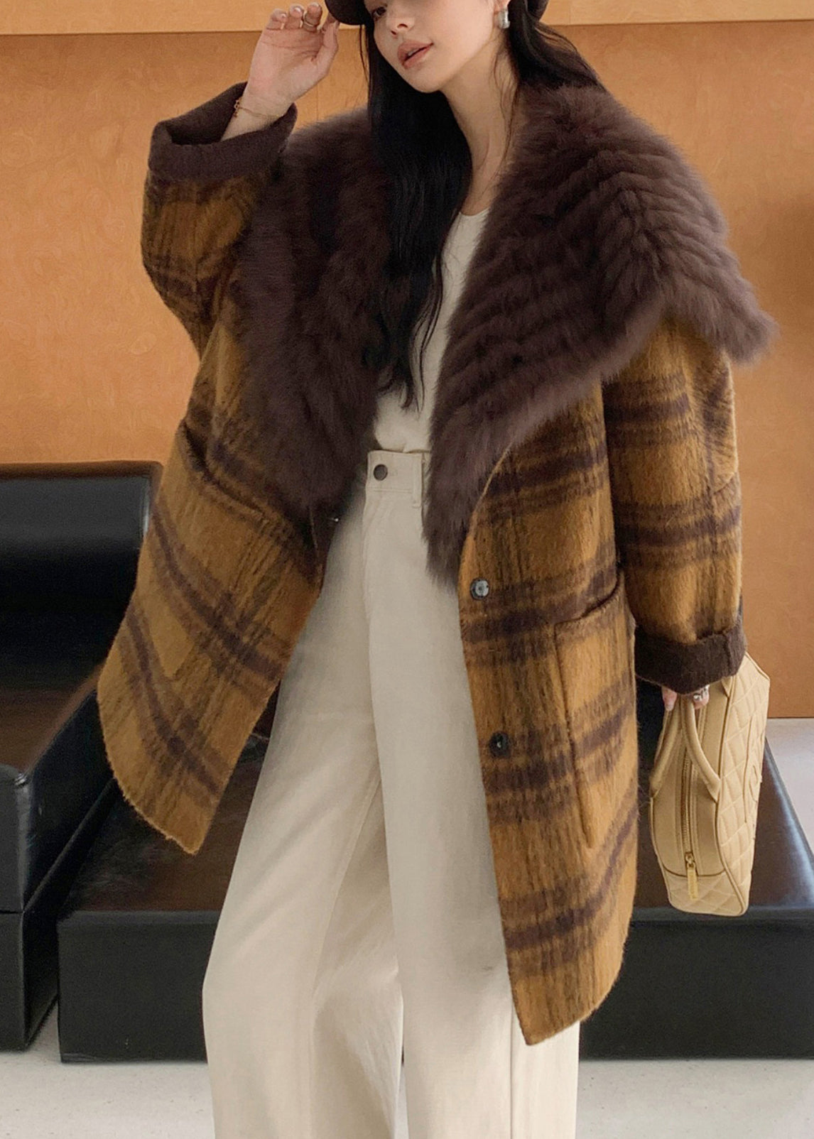 Yellow Fur Collar Plaid Pockets Wear on Both Sides Woolen Coats Spring