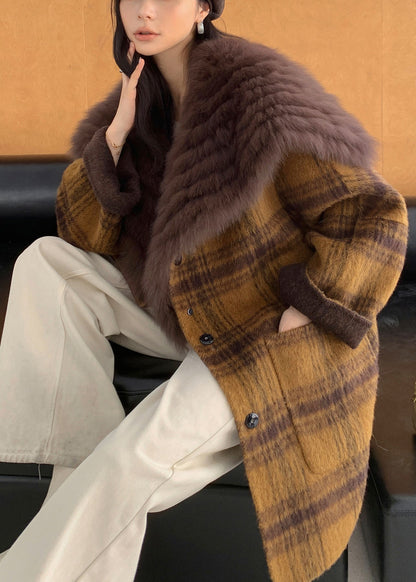 Yellow Fur Collar Plaid Pockets Wear on Both Sides Woolen Coats Spring