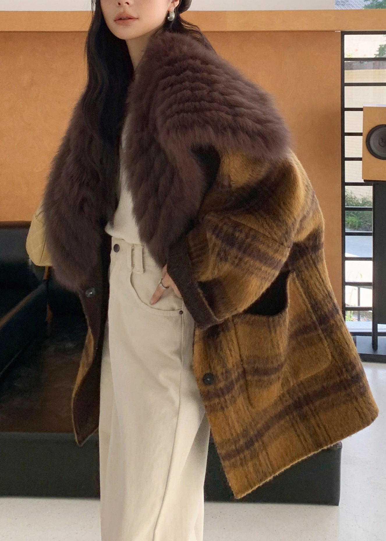 Yellow Fur Collar Plaid Pockets Wear on Both Sides Woolen Coats Spring