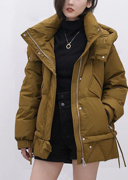 Yellow Green Hooded Stand Collar Thick Duck Down Puffer Jacket Winter