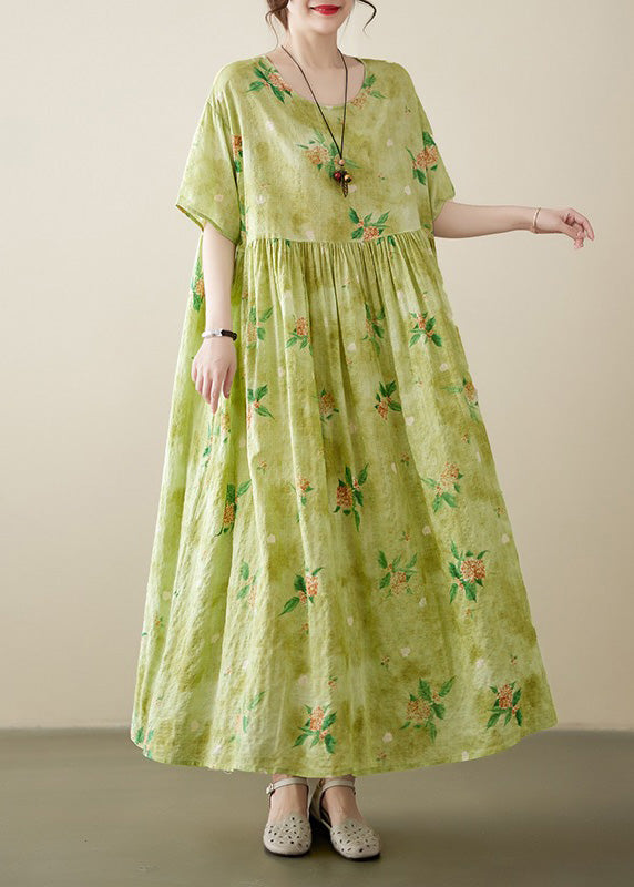 Yellow Green Print Wrinkled Cotton Long Dress Summer