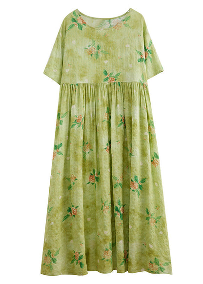 Yellow Green Print Wrinkled Cotton Long Dress Summer