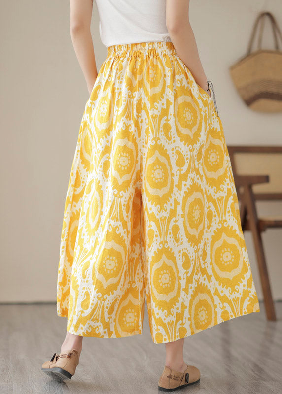 Yellow High Waist Pockets Print Crop Pants Skirt Summer