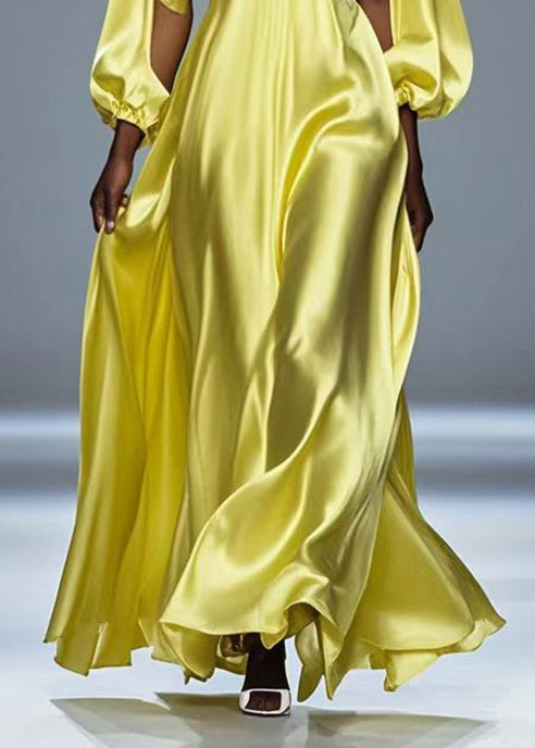 Yellow Hollow Out Draping Silk Party Dresses Spring