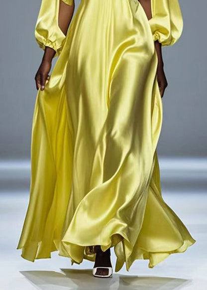 Yellow Hollow Out Draping Silk Party Dresses Spring