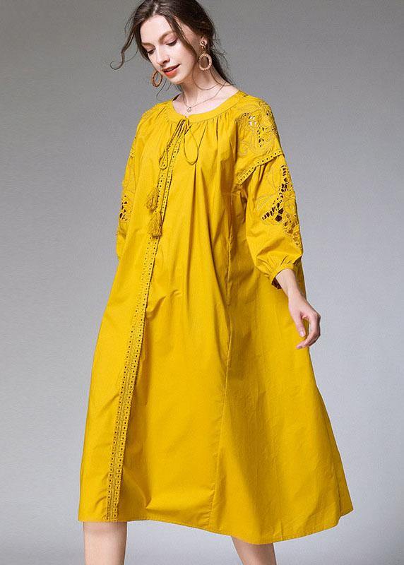 Yellow Hollow Out Embroideried Spring Three Quarter Sleeve Mid Dress