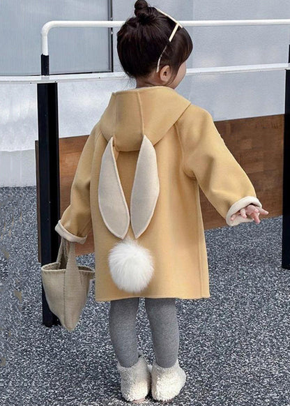 Yellow Hooded Pockets Patchwork Woolen Coat Spring