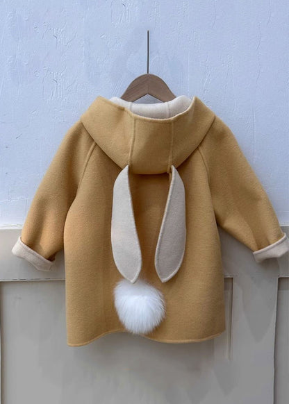 Yellow Hooded Pockets Patchwork Woolen Coat Spring