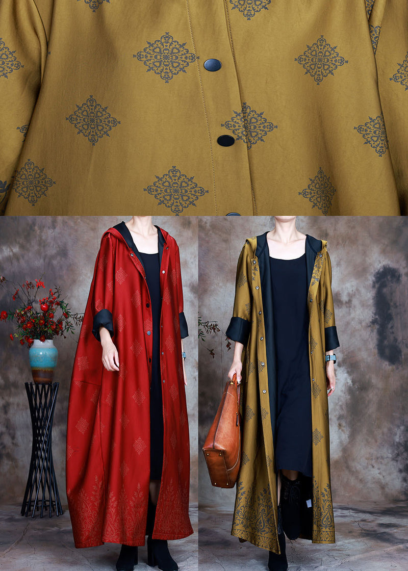 Yellow Hooded Print Satin Trench Coats Spring