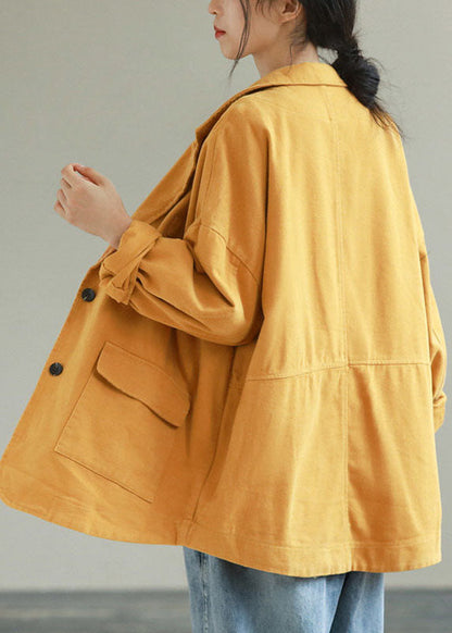 Yellow Notched Pockets Patchwork Cotton Coats Spring