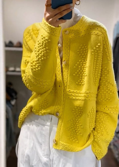 Yellow O Neck Button Knit Sweaters Coat Fall