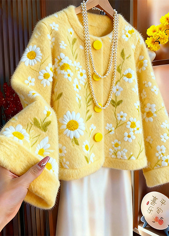 Yellow O Neck Dotted Daisy Knit Cardigans Winter
