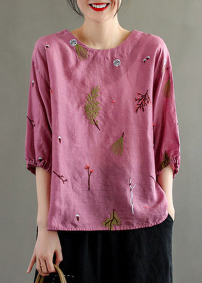 Yellow O-neck Embroideried Linen Tank Top Lantern Sleeve