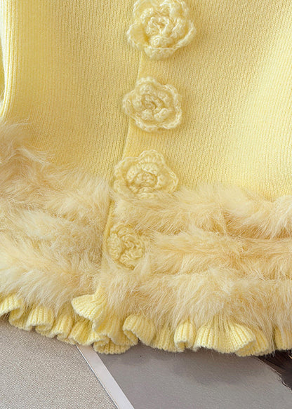 Yellow O Neck Fluffy Patchwork Knit Sweater Winter