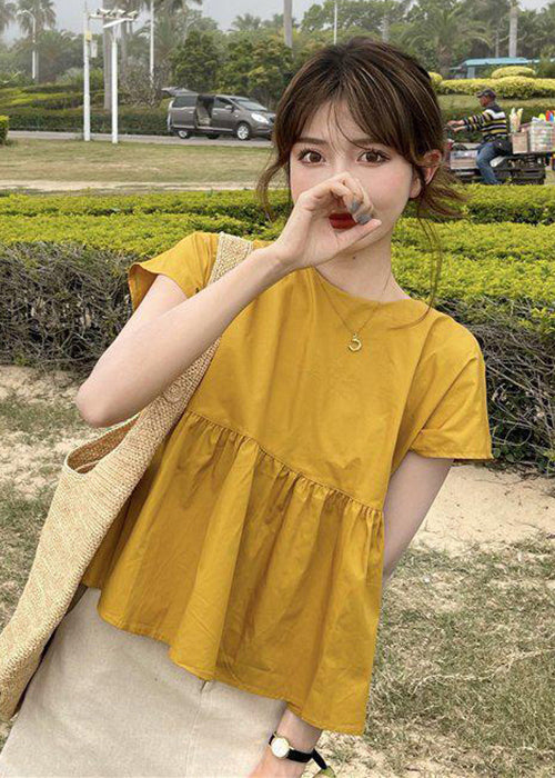 Yellow O-neck Patchwork Bow Cotton Shirt Top Short Sleeve