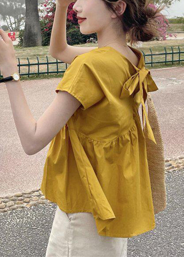 Yellow O-neck Patchwork Bow Cotton Shirt Top Short Sleeve