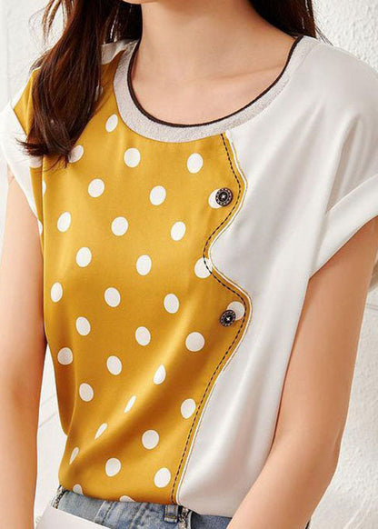 Yellow O Neck Patchwork Print Silk Top Summer