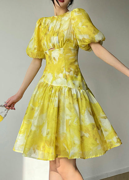 Yellow O Neck Print High Waist Dress Summer