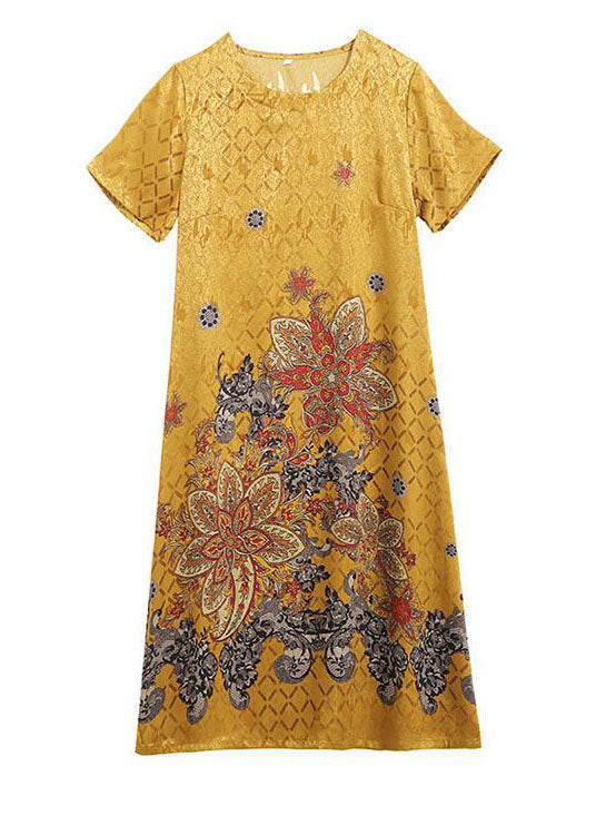 Yellow O-neck Print Silk Robe Dresses Summer