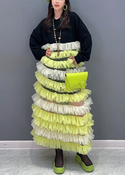 Yellow O Neck Tulle Patchwork Fluffy Dresses Long Sleeve