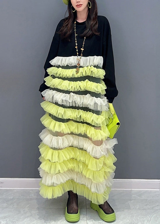 Yellow O Neck Tulle Patchwork Fluffy Dresses Long Sleeve