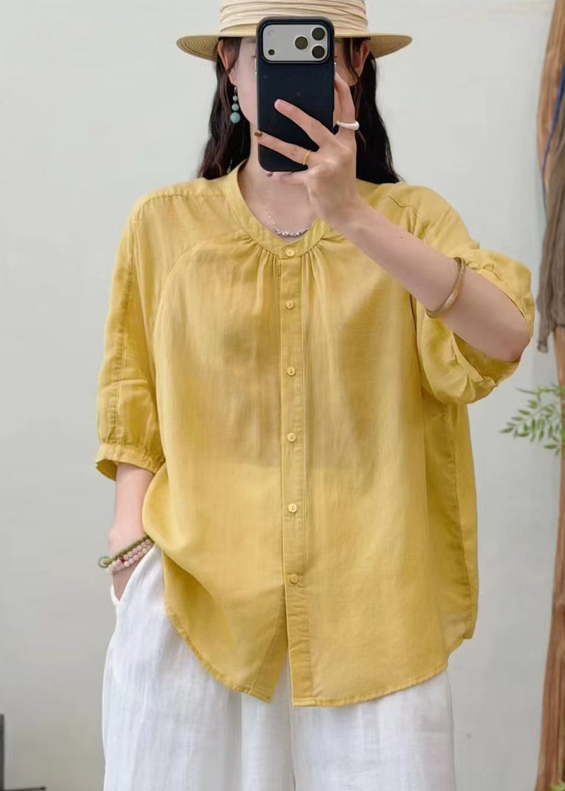 Yellow O-neck Wrinkled Linen Blouse Top Summer