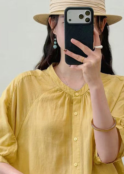 Yellow O-neck Wrinkled Linen Blouse Top Summer