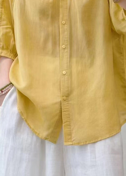 Yellow O-neck Wrinkled Linen Blouse Top Summer
