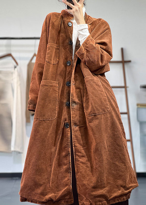 Yellow Oversized Pockets Cotton Filled Corduroy Trench Winter