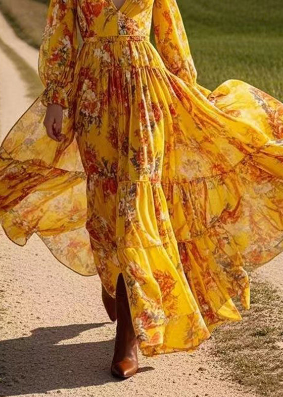 Yellow Patchwork Wrinkled Chiffon Maxi Dress Spring
