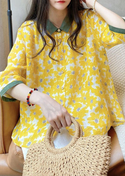 Yellow Peter Pan Collar Print Linen Shirt Tops Bracelet Sleeve