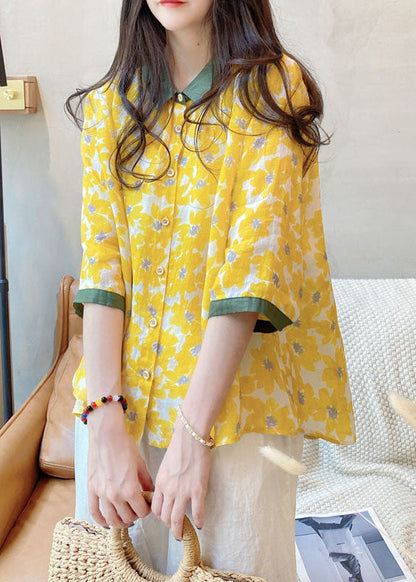 Yellow Peter Pan Collar Print Linen Shirt Tops Bracelet Sleeve