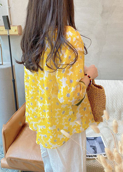Yellow Peter Pan Collar Print Linen Shirt Tops Bracelet Sleeve