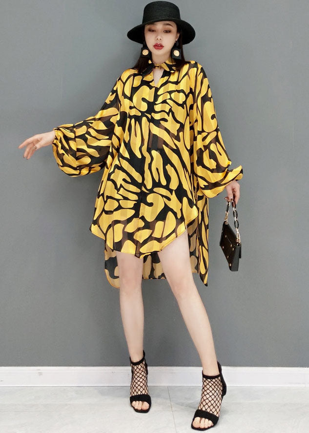 Yellow Peter Pan Collar Print Side Open Chiffon Long Shirt Lantern Sleeve
