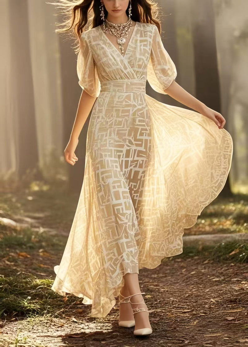 Yellow Print Exra Large Hem Chiffon Maxi Dresses Summer